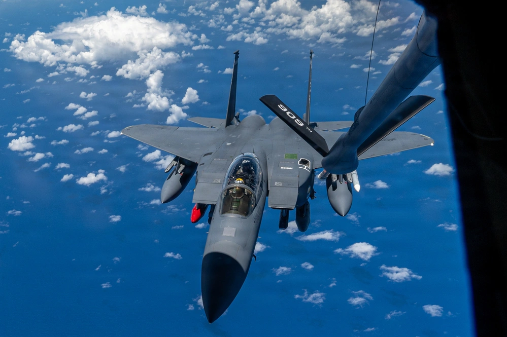 Boeing Celebrates 110 Years of Aviation Innovation and Aerospace Leadership 6 Boeing F-15 fighter aircraft flying during an aerial refueling mission.