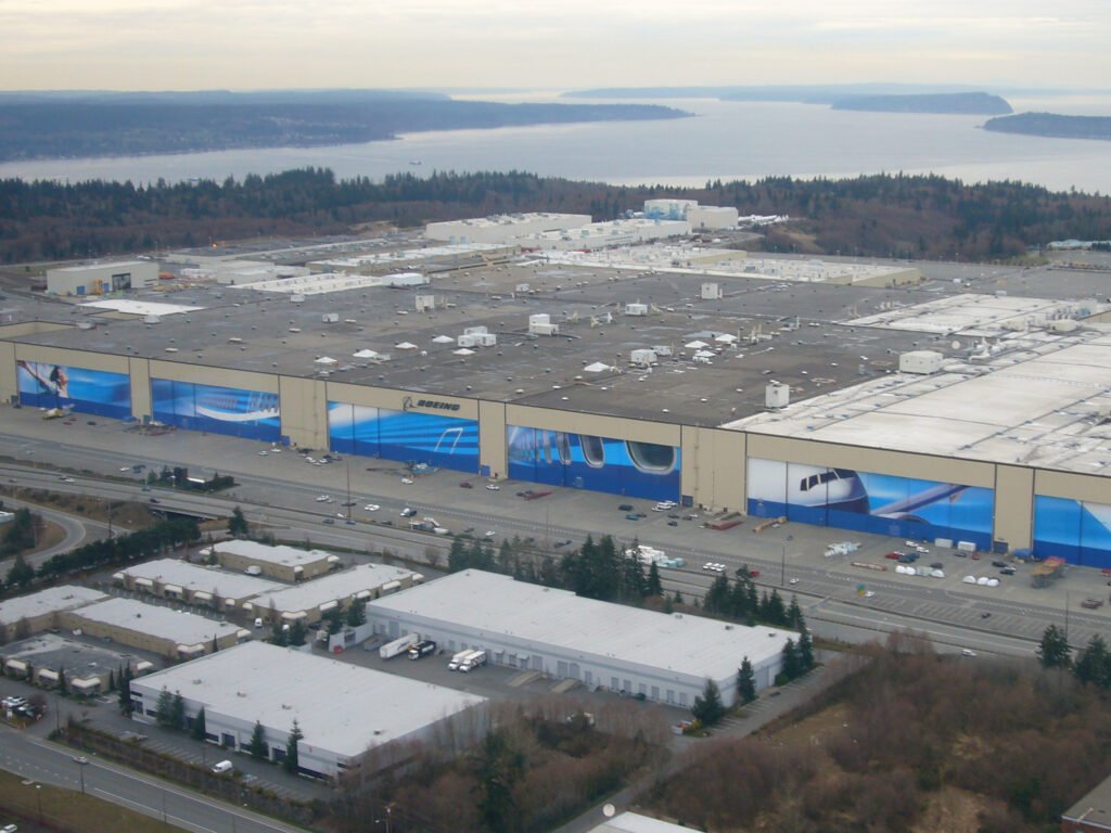 Boeing Opens New 737 MAX North Line at Everett Factory 4 Aerial view of Boeing Everett Factory in Everett, Washington