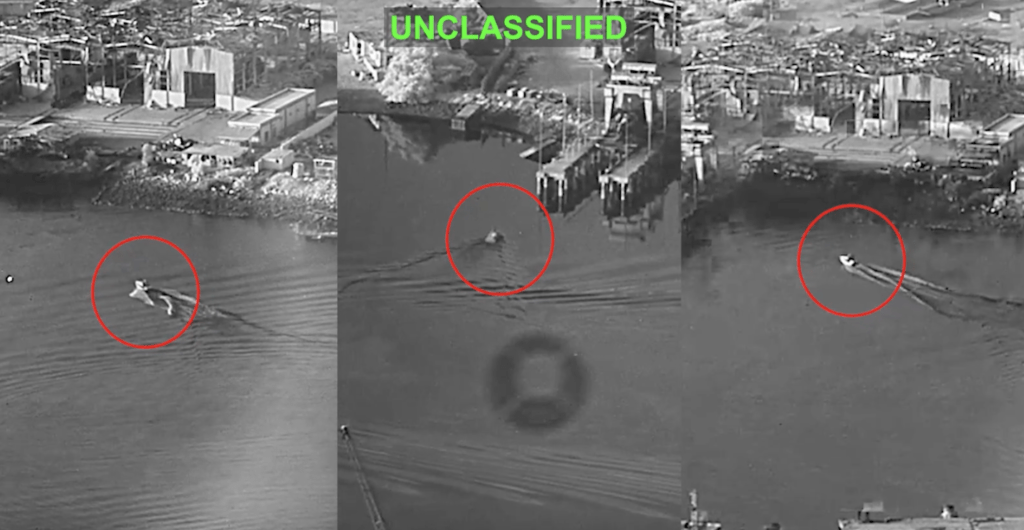 U.S. Sea Drones Strike Iran showing three unmanned surface vessels approaching Bandar Abbas Naval Base