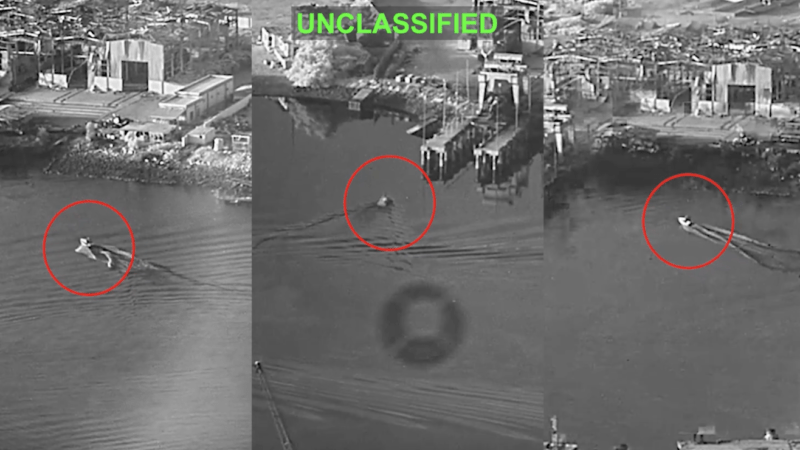 U.S. Sea Drones Strike Iran showing three unmanned surface vessels approaching Bandar Abbas Naval Base
