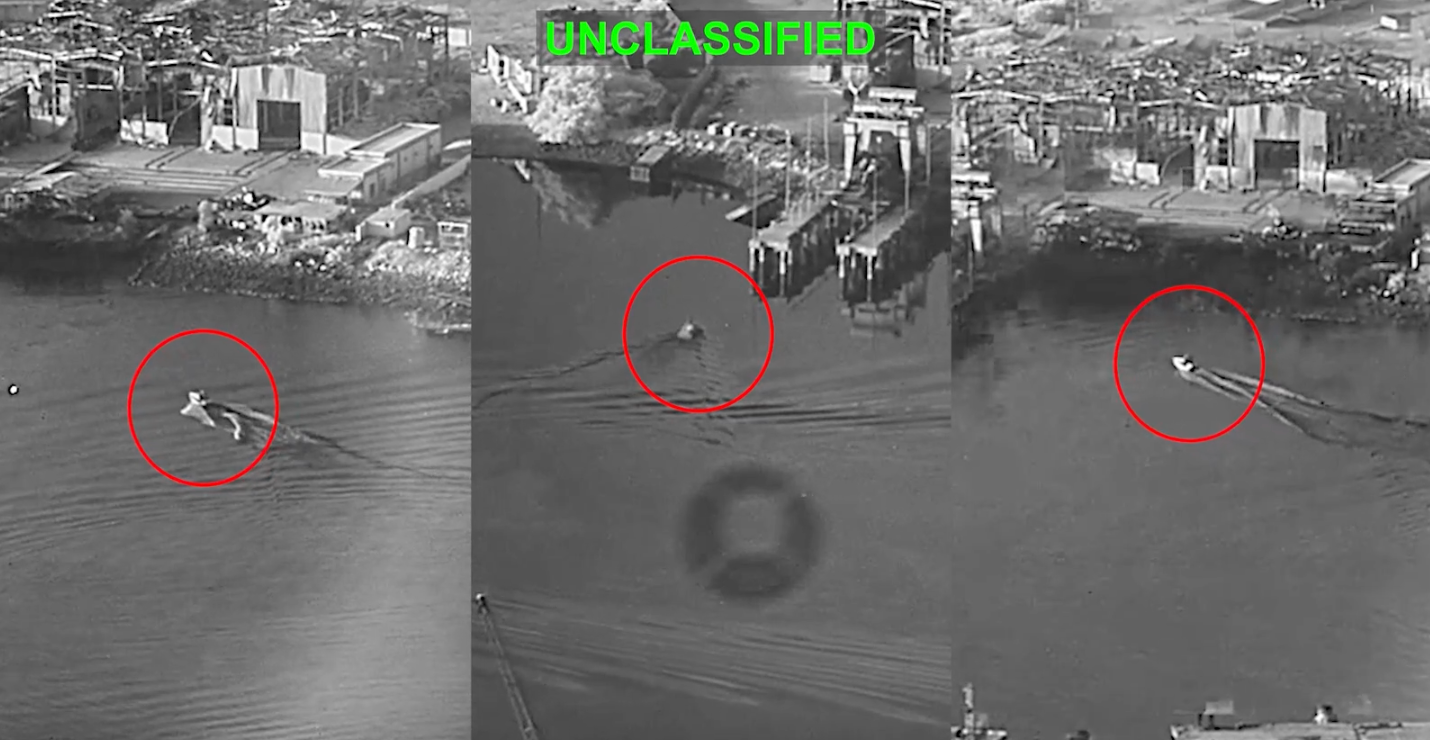 U.S. Sea Drones Strike Iran showing three unmanned surface vessels approaching Bandar Abbas Naval Base