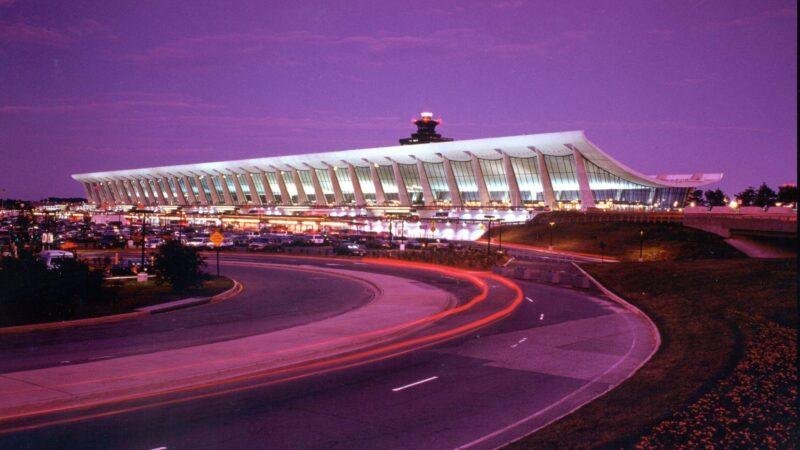 Washington Dulles International Airport's iconic Eero Saarinen terminal at dusk
