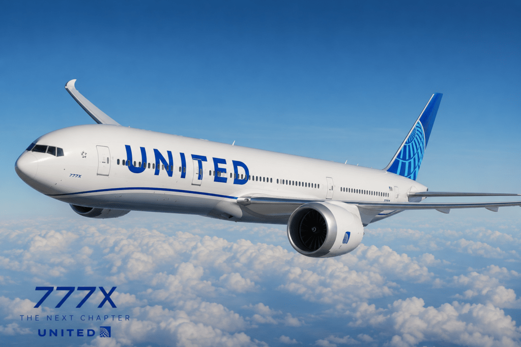 United Airlines 777-9 concept illustration showing a Boeing 777X in United Airlines livery