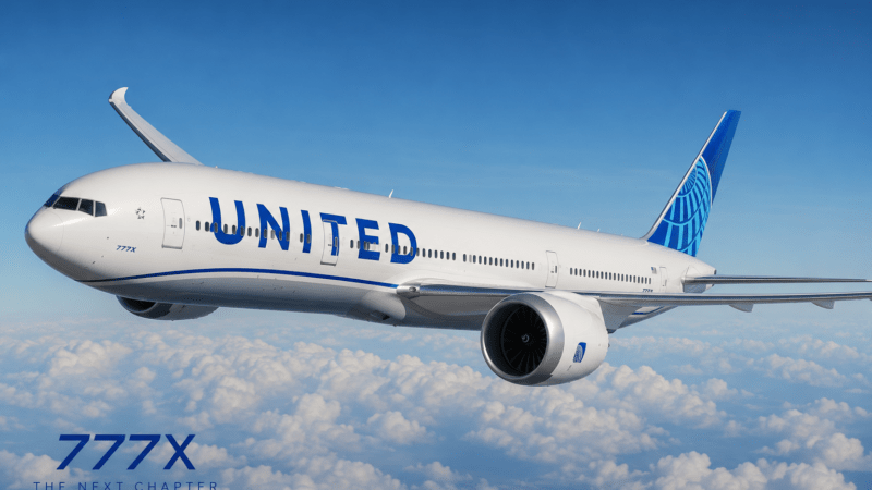 United Airlines 777-9 concept illustration showing a Boeing 777X in United Airlines livery