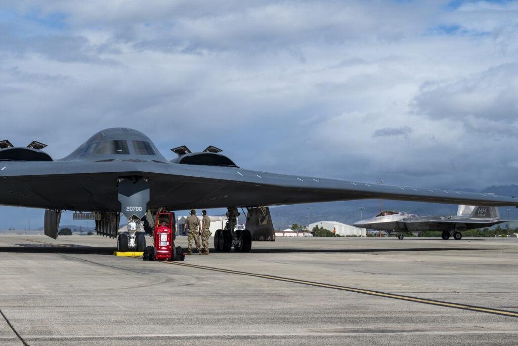 B-2 Spirit and F-22 Raptor during Bomber Task Force deployment in Hawaii