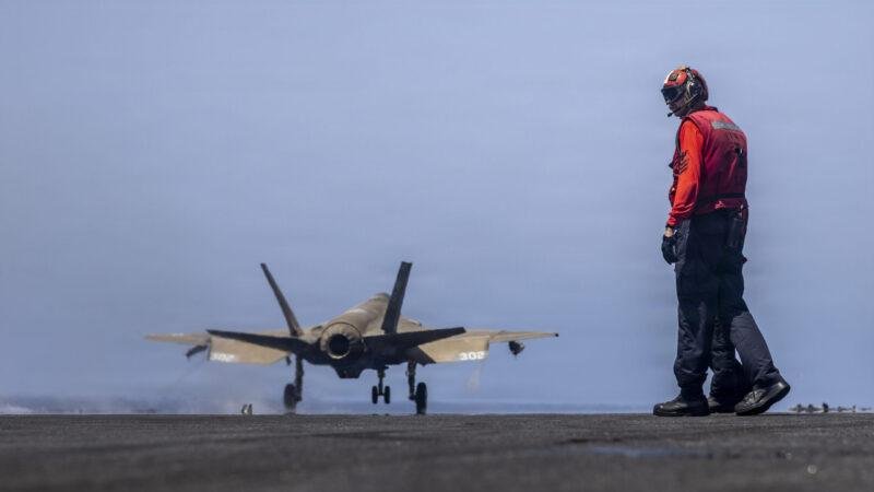 U.S. Marine Corps F-35C Lightning II taxis aboard USS Abraham Lincoln (CVN 72) during CENTCOM operations in the Arabian Sea.