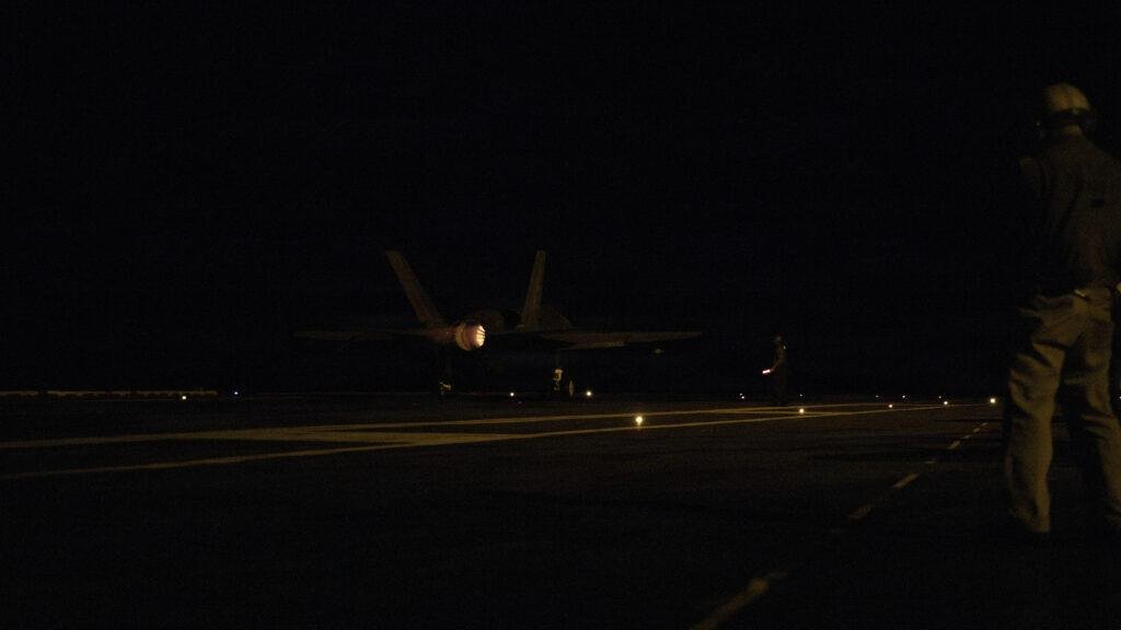 USS George Washington 200,000th recovery F-35C night flight deck operations