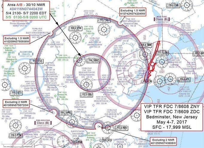 NORAD F-16 Intercept Bedminster shown with FAA Temporary Flight Restriction map