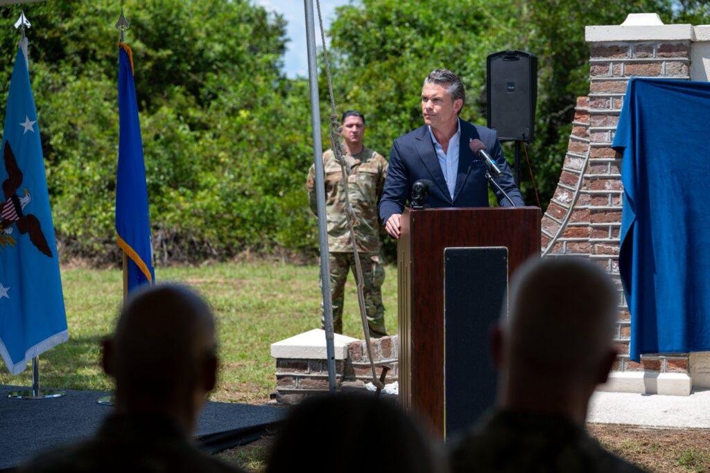 Pete Hegseth speaks during Joint Base Lindsey Graham renaming ceremony