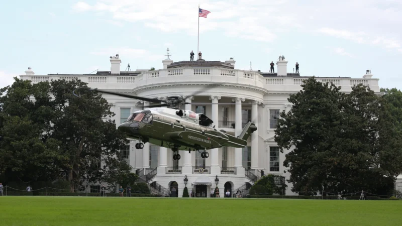 Marine One departs the White House before a presidential flight operation near Washington, D.C.