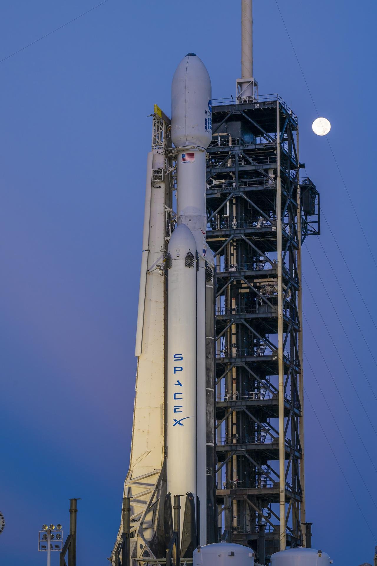 SpaceX Falcon Heavy carrying NASA's Nancy Grace Roman Space Telescope stands at Launch Complex 39A before launch