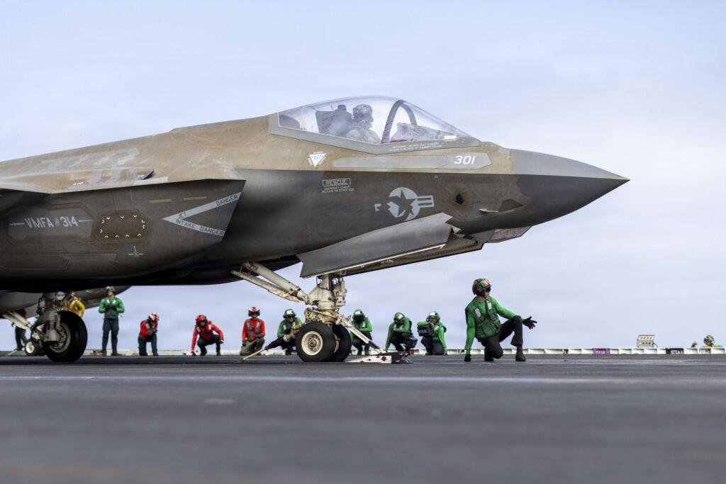 F-35C USS Abraham Lincoln prepares for launch during CENTCOM operations in the Arabian Sea.