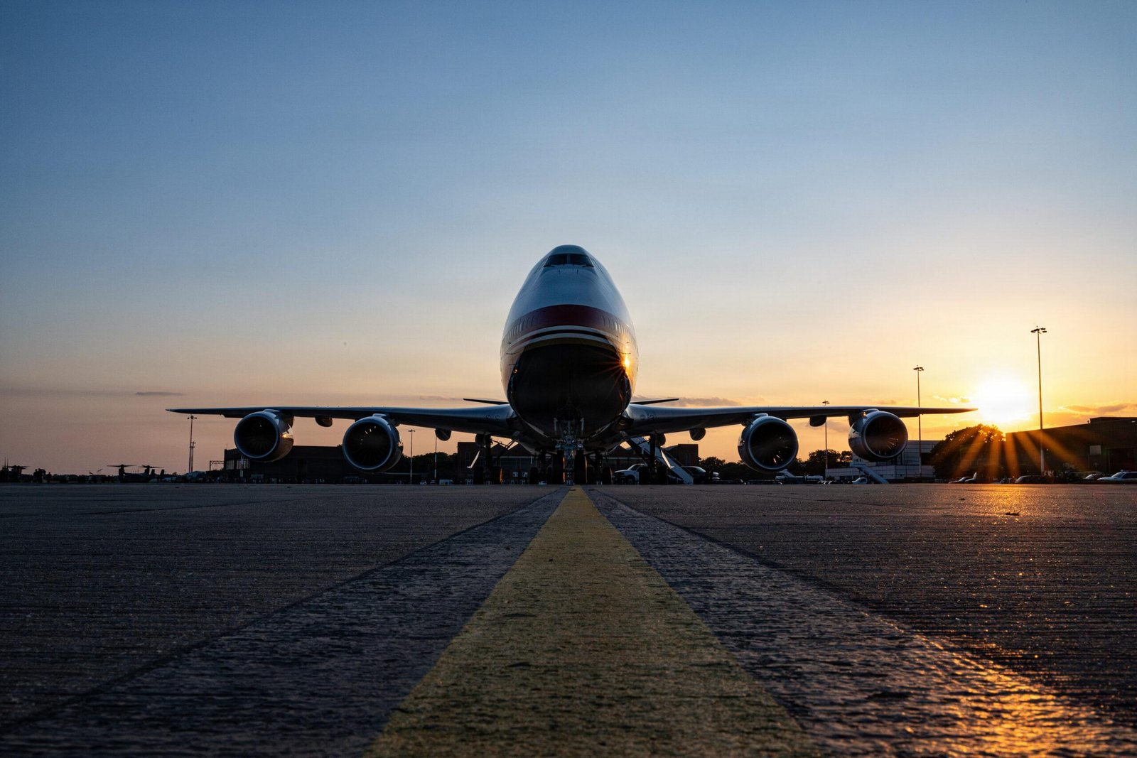 New Air Force One VC-25B parked nose-on at RAF Mildenhall at sunset