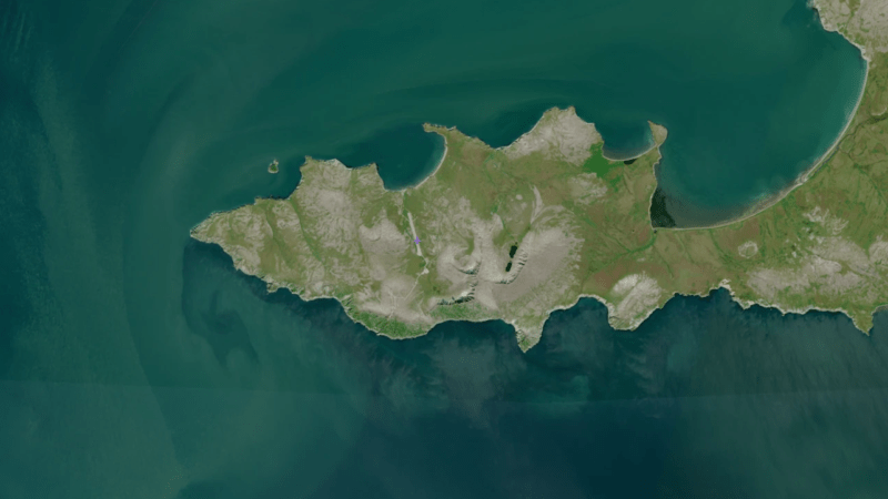 Satellite image of the remote Cape Newenham peninsula on Alaska's Bering Sea coast, site of the Aug. 20 charter plane crash