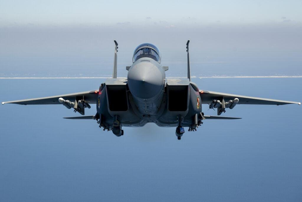 F-15 Eagle Crest contract covers the F-15EX Eagle II, seen here flying over the Gulf of America during developmental testing