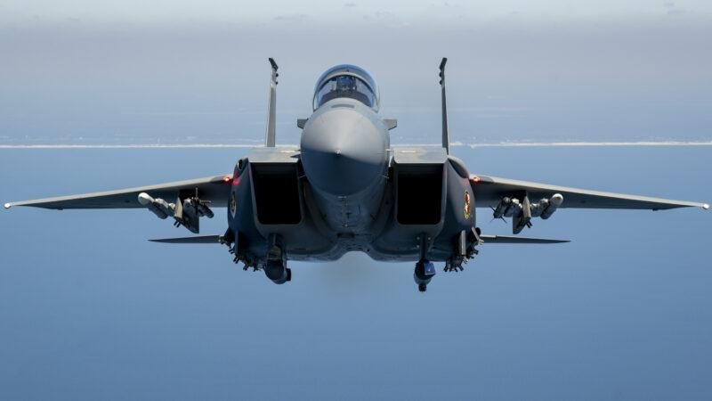 F-15 Eagle Crest contract covers the F-15EX Eagle II, seen here flying over the Gulf of America during developmental testing
