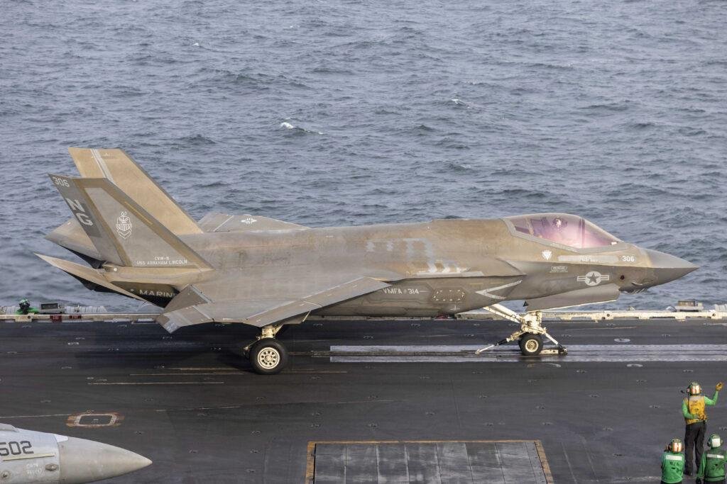 F-35C Lightning II attached to VMFA-314 prepares to launch from USS Abraham Lincoln (CVN 72) during Operation Epic Fury