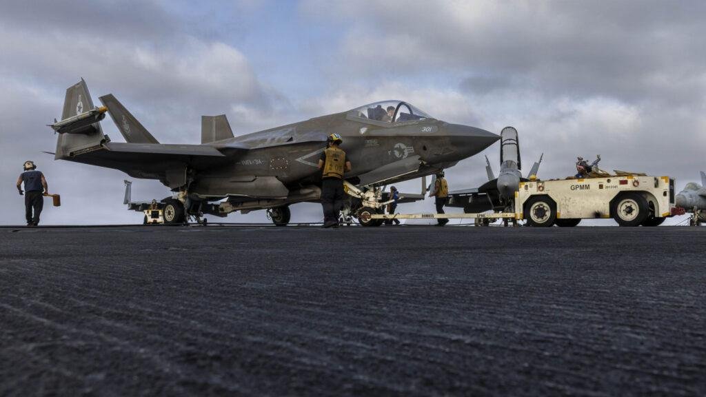 Weathered F-35C Lightning II aboard USS Abraham Lincoln shows normal wear from carrier operations in the Arabian Sea.