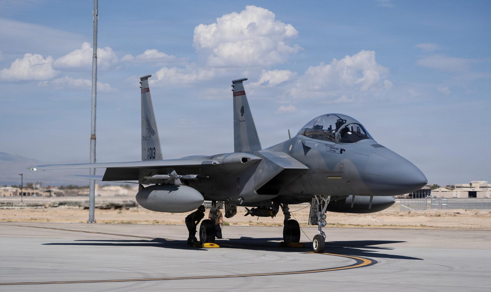 F-15EX drops live bombs: Oregon Air National Guard jet, tail AF 013, on the ramp at Nellis Air Force Base