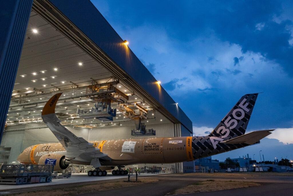 Airbus A350F MSN700 rolls out of the hangar at night ahead of flight testing