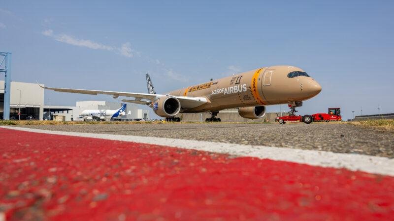 Airbus A350F MSN700 being towed during rollout at the Airbus facility