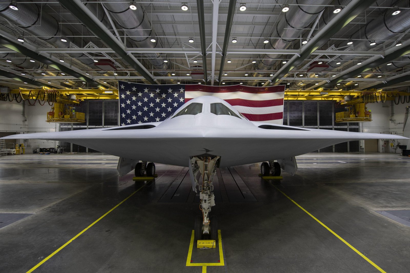 Whiteman B-21 hangar: Northrop Grumman B-21 Raider stealth bomber at its public unveiling in Palmdale, California