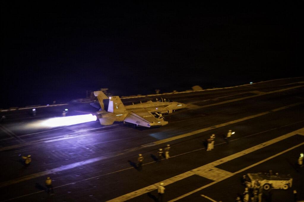 Auto GCAS Super Hornet: EA-18G Growler launches at night, afterburner lit