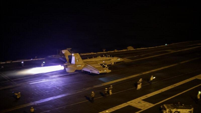 Auto GCAS Super Hornet: EA-18G Growler launches at night, afterburner lit
