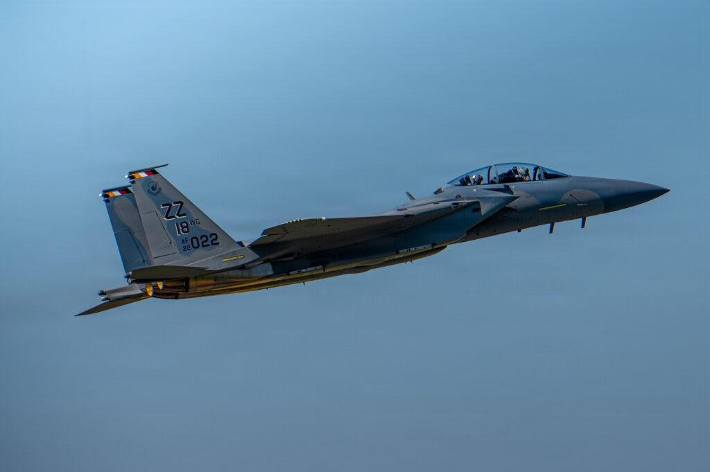 F-15EX Kadena Air Base: F-15EX Eagle II banking in flight, tail code ZZ