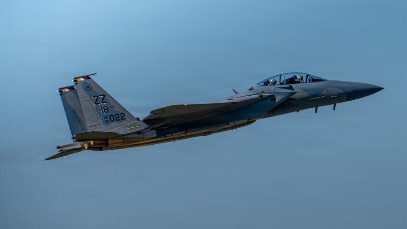 F-15EX Kadena Air Base: F-15EX Eagle II banking in flight, tail code ZZ