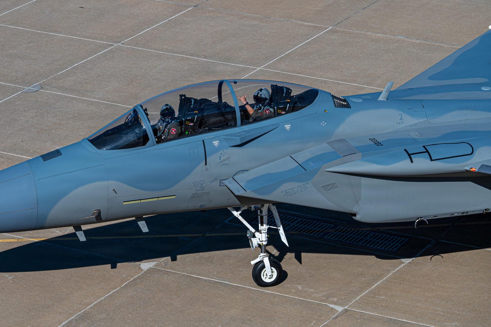 F-15EX Kadena Air Base: F-15EX Eagle II two-seat cockpit, crew preparing for taxi