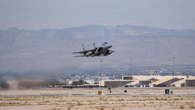 Oregon Air National Guard F-15EX Eagle II climbs out after takeoff from Nellis Air Force Base during live-bomb qualification training