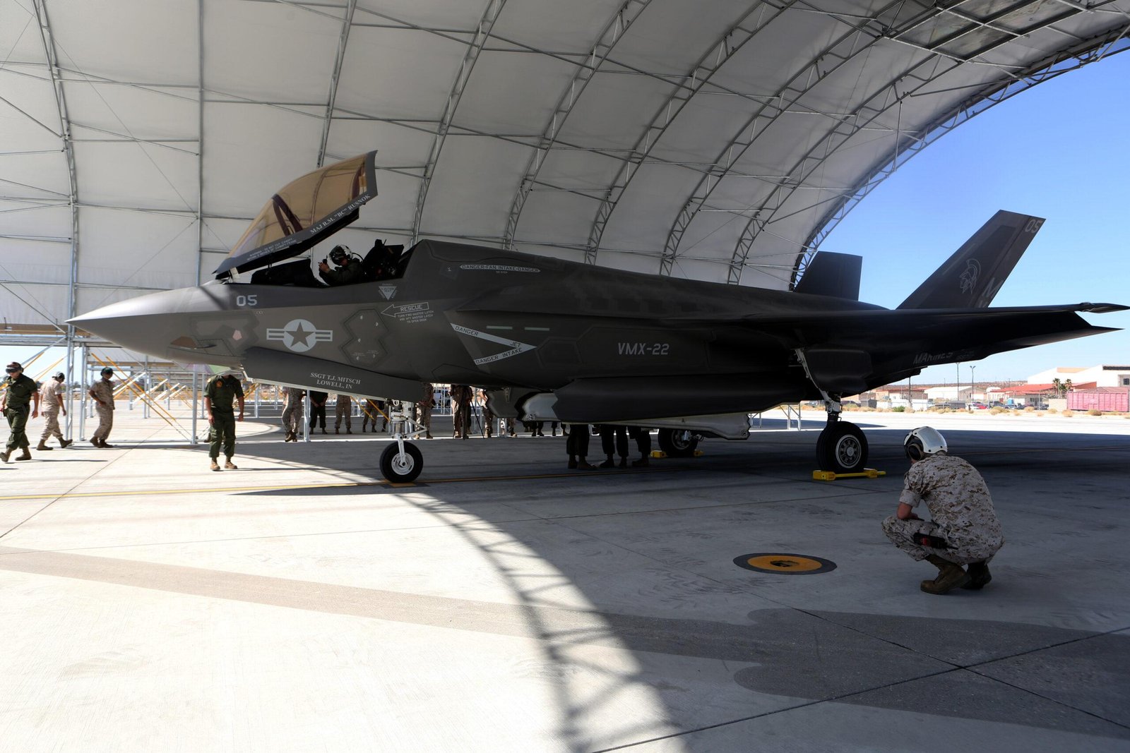 U.S. Marine Corps F-35B Lightning II undergoing post-flight checks at Edwards Air Force Base