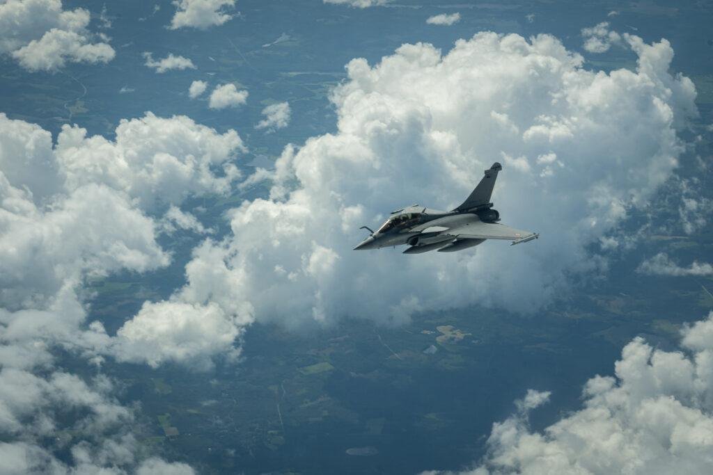 French Air and Space Force Rafale C in flight during Atlantic Trident 25, illustrating the platform set to evolve into Rafale F5