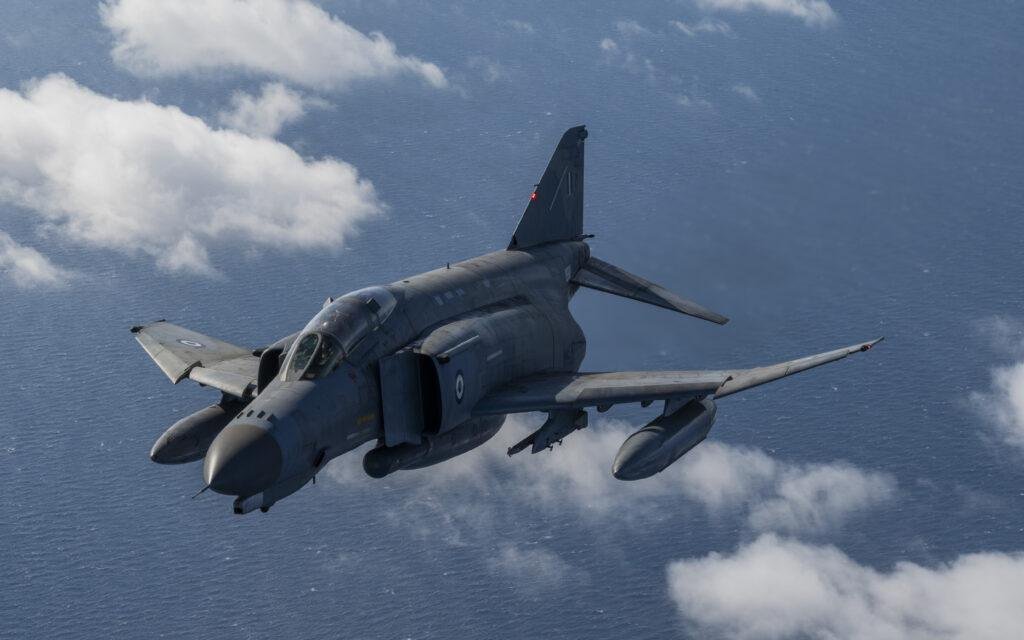 Hellenic Air Force F-4E Phantom II fighter jet in flight over Greece during NATO exercise Ramstein Flag 24 — file photo, not from the Athens Flying Week crash