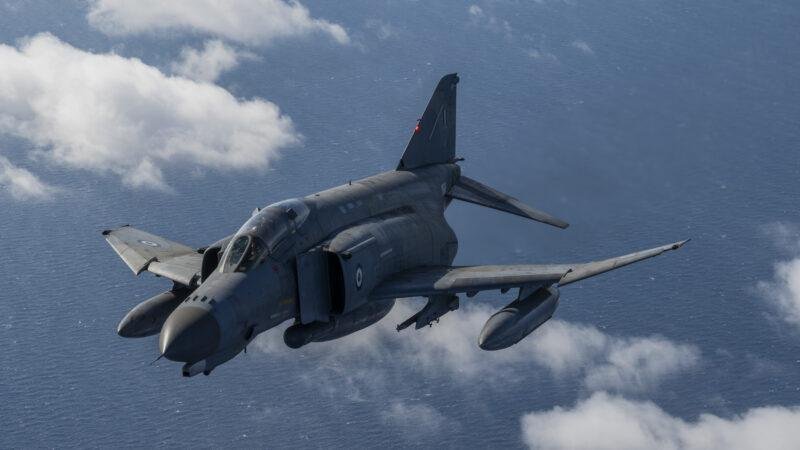 Hellenic Air Force F-4E Phantom II fighter jet in flight over Greece during NATO exercise Ramstein Flag 24 — file photo, not from the Athens Flying Week crash