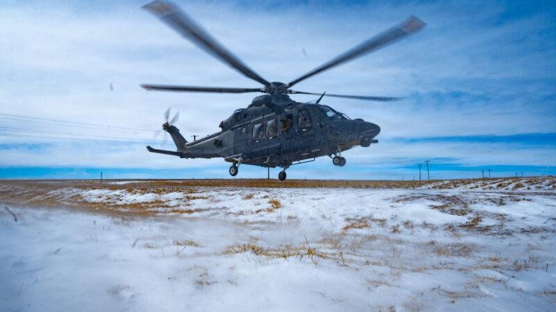 MH-139 Grey Wolf helicopter takes off near Pine Bluffs, Wyoming