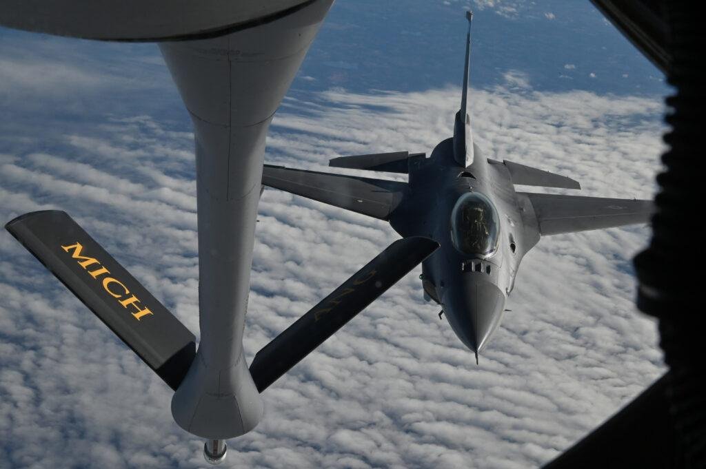 Michigan Air National Guard KC-135 refuels an F-16 Fighting Falcon during an Air National Guard mission