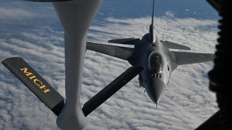 Michigan Air National Guard KC-135 refuels an F-16 Fighting Falcon during an Air National Guard mission