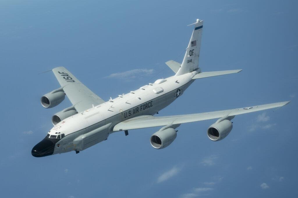 Rivet Joint UK operations: RC-135 in flight, 55th Wing tail code
