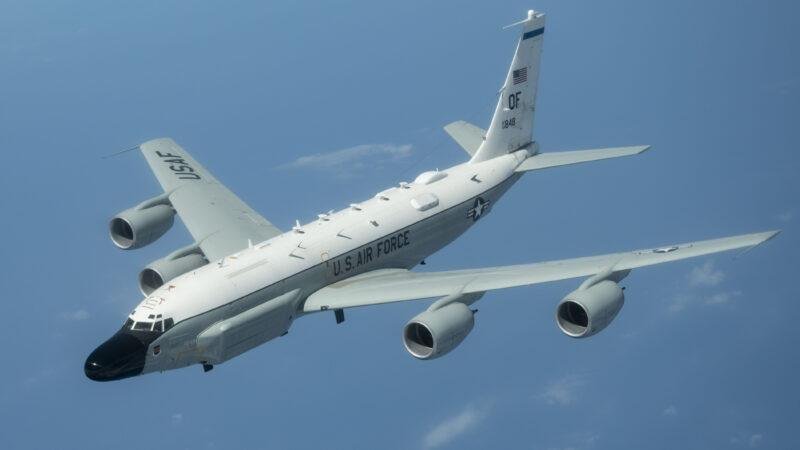 Rivet Joint UK operations: RC-135 in flight, 55th Wing tail code
