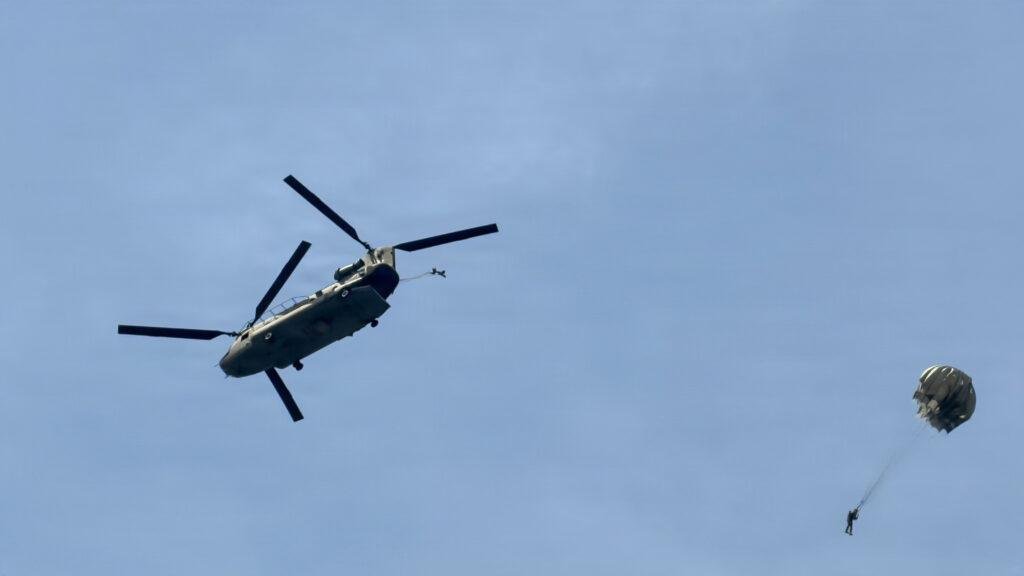 U.S. Army CH-47F Chinook helicopter supports parachute training at Laurinburg-Maxton Airport, North Carolina