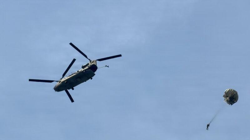 U.S. Army CH-47F Chinook helicopter supports parachute training at Laurinburg-Maxton Airport, North Carolina