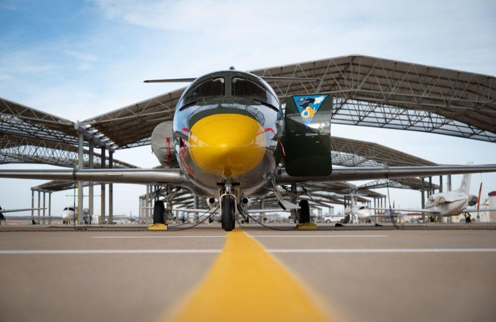 A T-1A Jayhawk in 3rd Flying Training Squadron heritage colors on the flightline at Vance Air Force Base