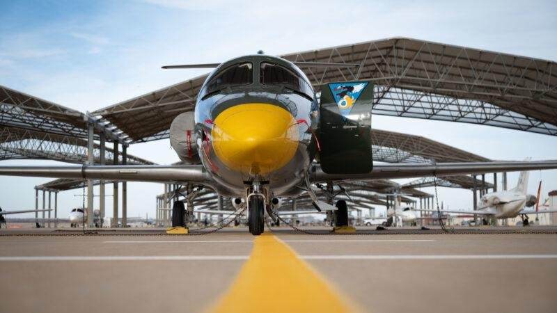 A T-1A Jayhawk in 3rd Flying Training Squadron heritage colors on the flightline at Vance Air Force Base