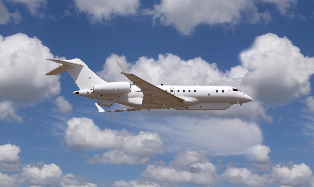 U.S. Army ATHENA-R intelligence aircraft based on the Bombardier Global 6500 flying against a blue sky.