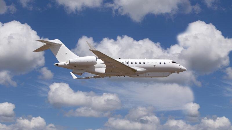 U.S. Army ATHENA-R intelligence aircraft based on the Bombardier Global 6500 flying against a blue sky.