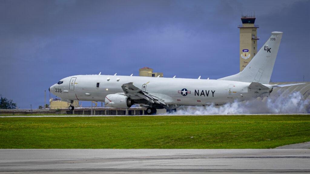 Silent Anvil torpedo program context: a US Navy P-8A Poseidon lands at Andersen Air Force Base