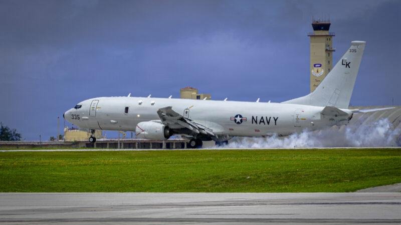 Silent Anvil torpedo program context: a US Navy P-8A Poseidon lands at Andersen Air Force Base