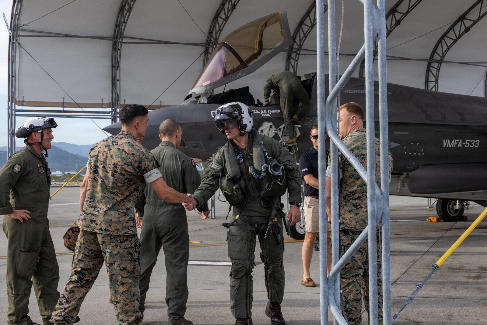 VMFA-533 F-35B Japan: pilot greeted by fellow Marines at Iwakuni